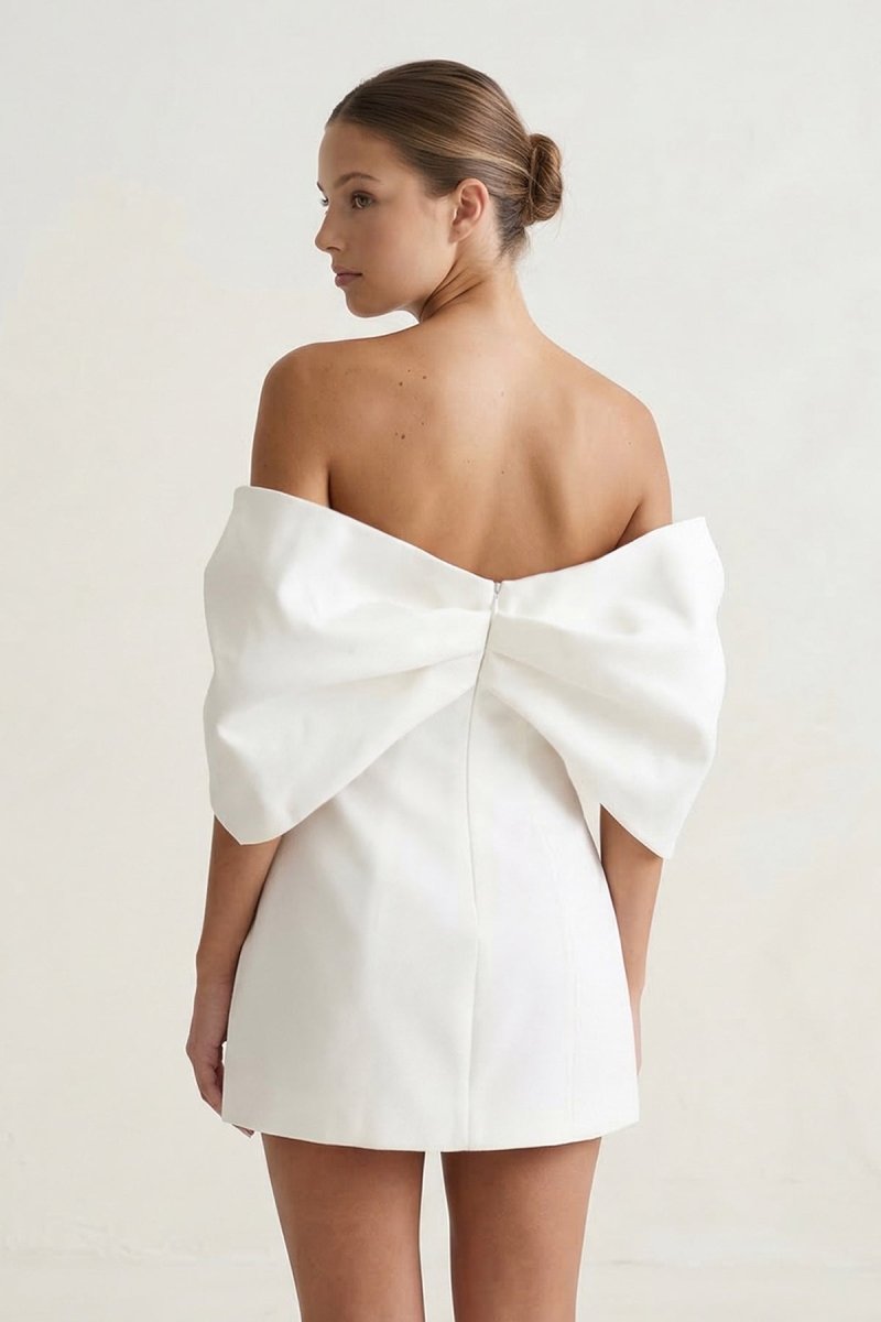 Ivory Off - the - Shoulder Mini Graduation Dress With Bow - KissProm